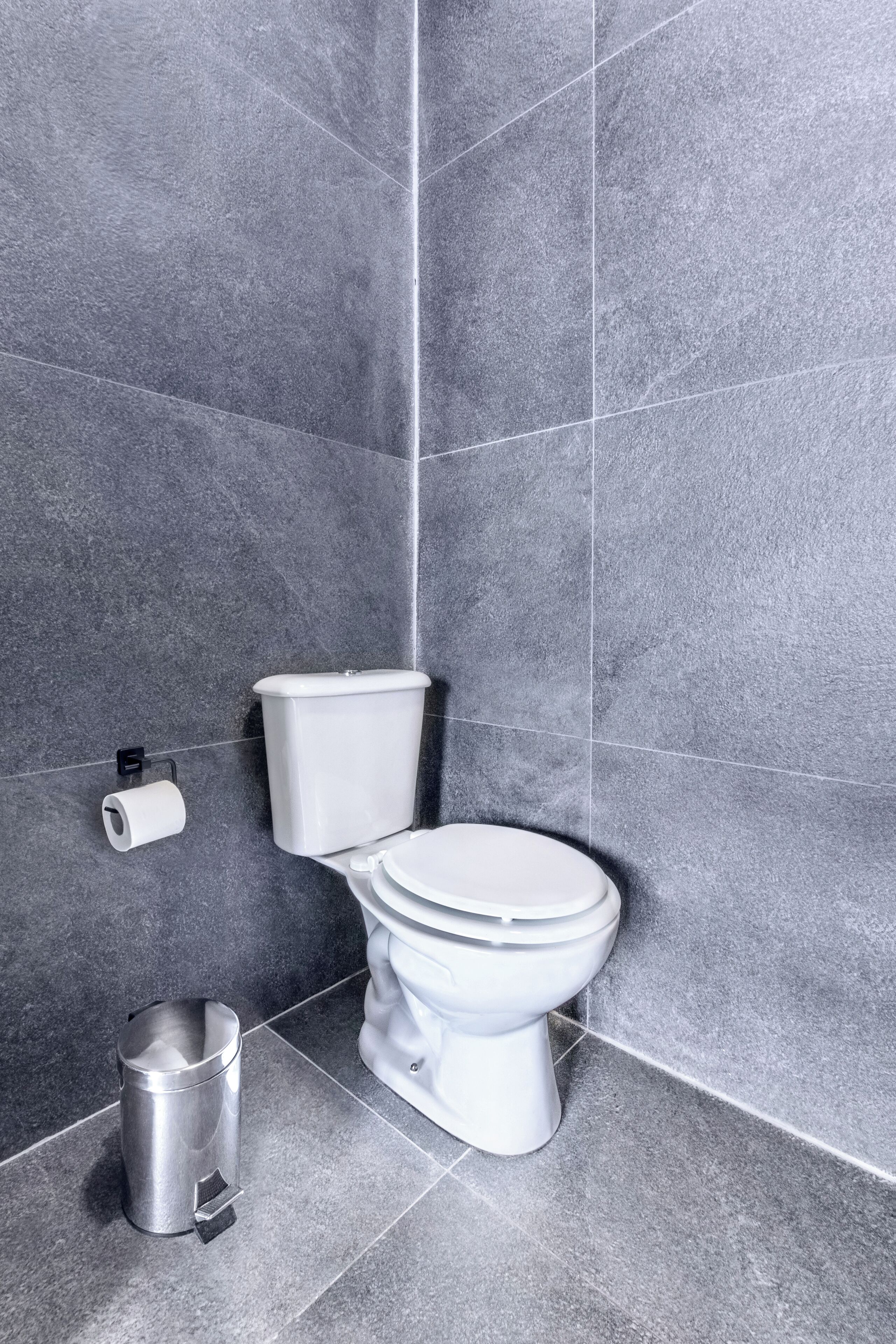 A modern bathroom with a toilet, a trash bin, and a toilet paper holder on the wall.