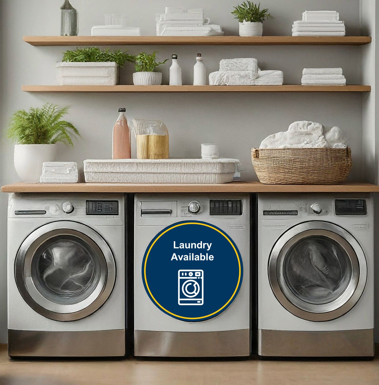A laundry area with two washing machines and a sign indicating laundry is available.