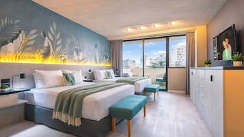 Studio, 2 Queen Beds, Balcony | In-room safe, laptop workspace, free WiFi, bed sheets