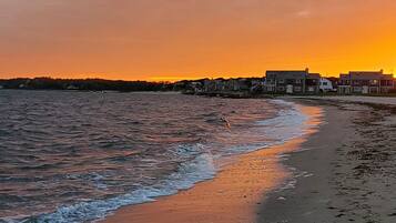 On the beach, sun loungers, beach towels