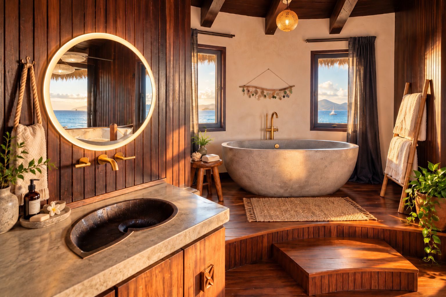 A bathroom with a large freestanding bathtub, wooden paneling, a round mirror, and a view of the sea.