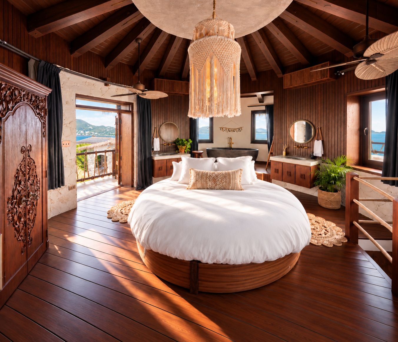 Quarto espaçoso com uma cama redonda grande, piso de madeira, ventilador de teto e vista para o mar.