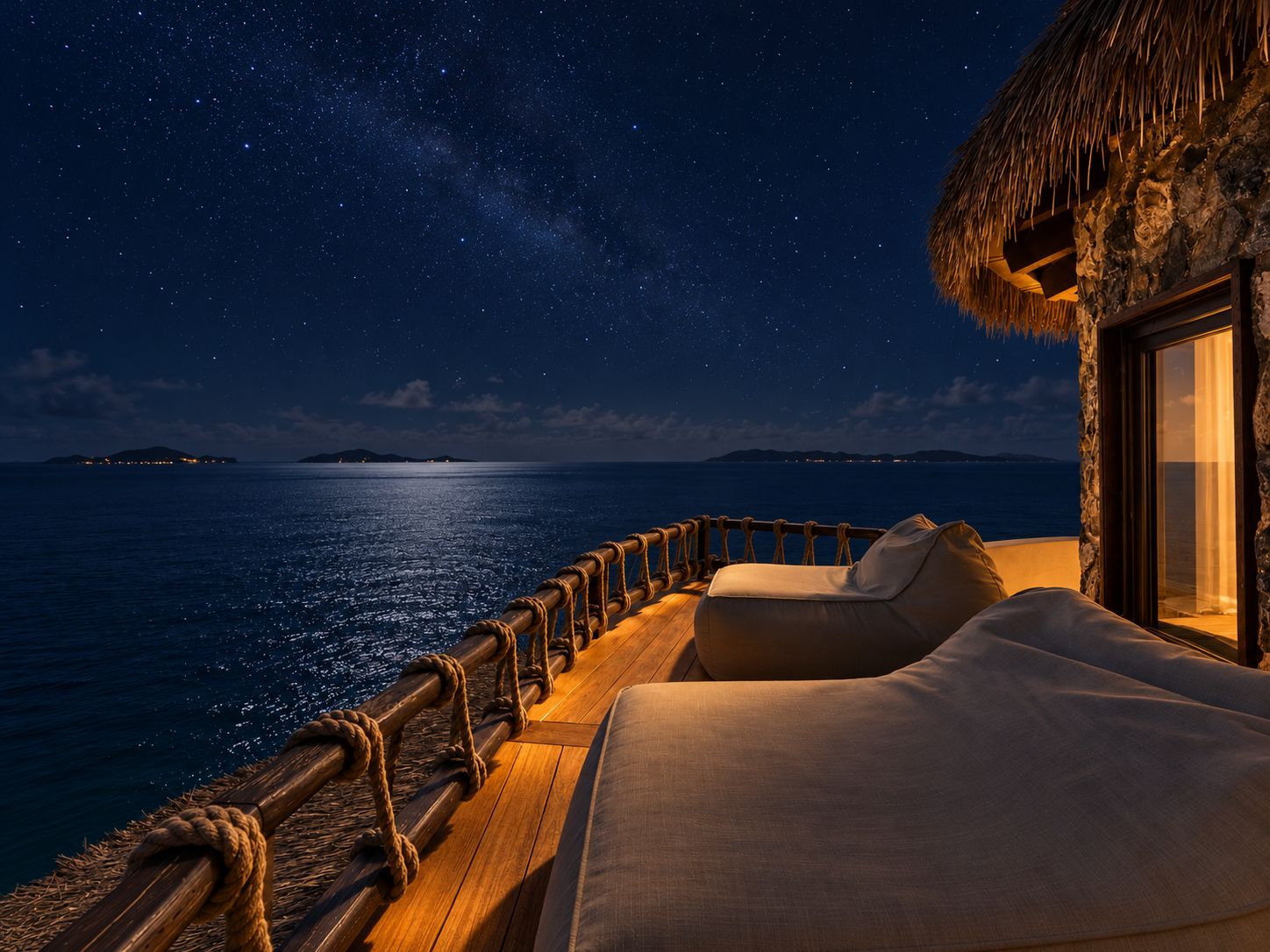 A starlit night view from a balcony with a thatched roof, wooden railing, and a cushioned seating area.