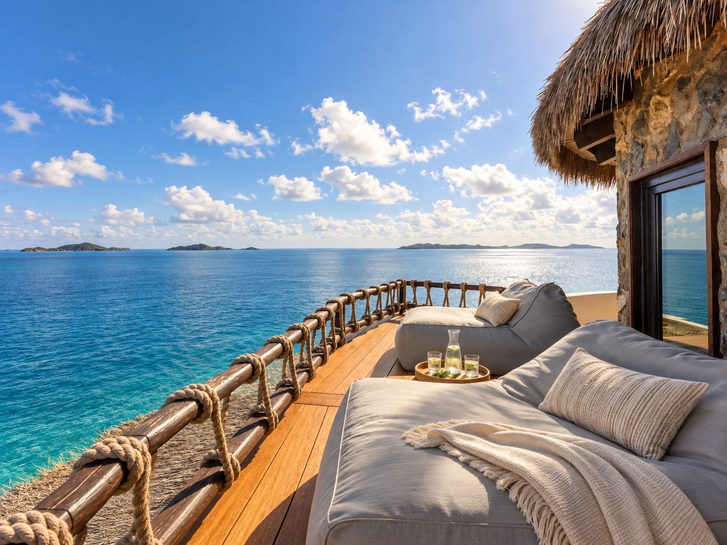 Una terraza de madera con techo de paja, un sofá y una mesa con bebidas, con vistas a un mar tranquilo y islas a lo lejos.