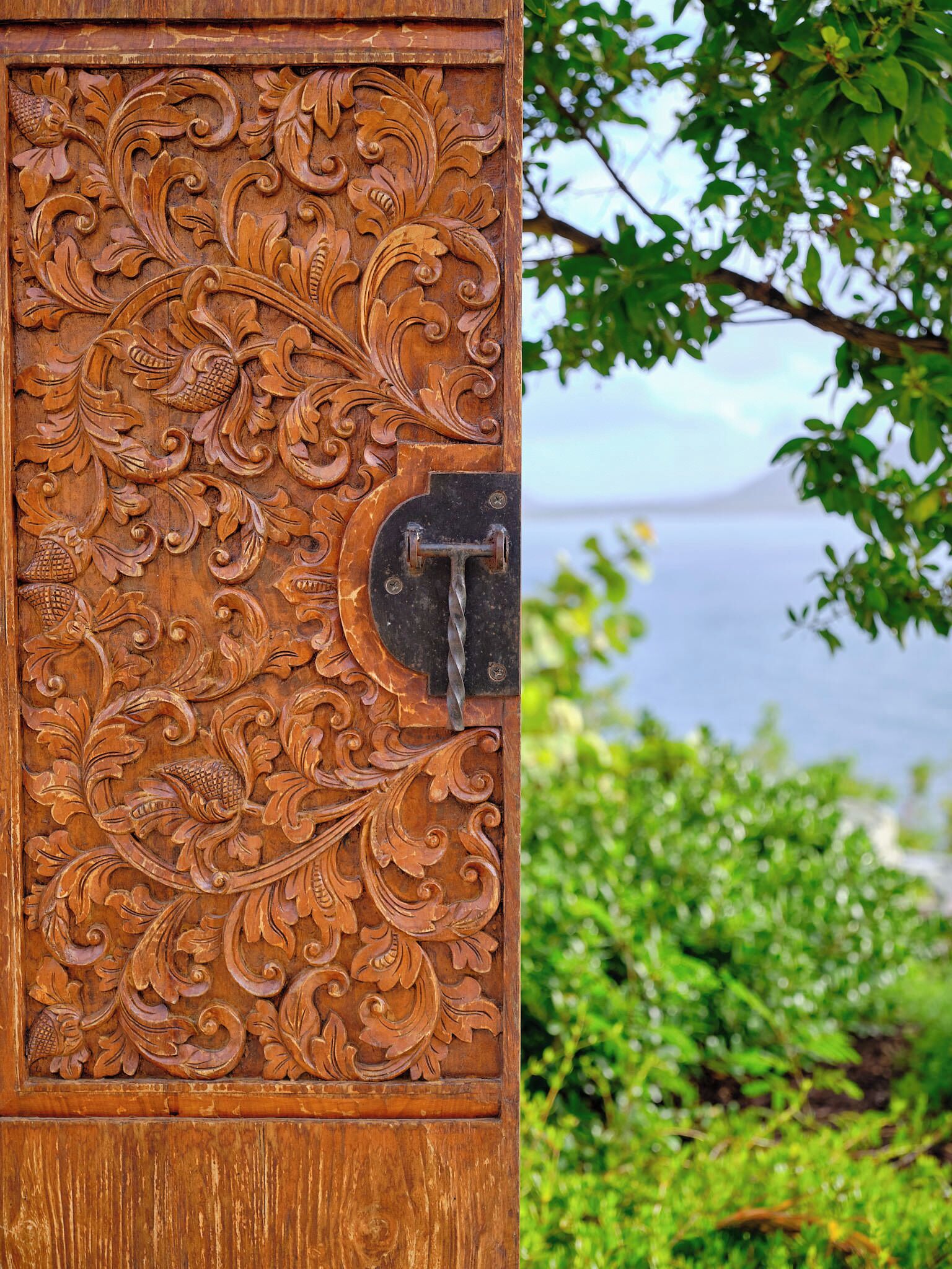 Une porte en bois ornée de sculptures complexes et dotée d’un loquet métallique.