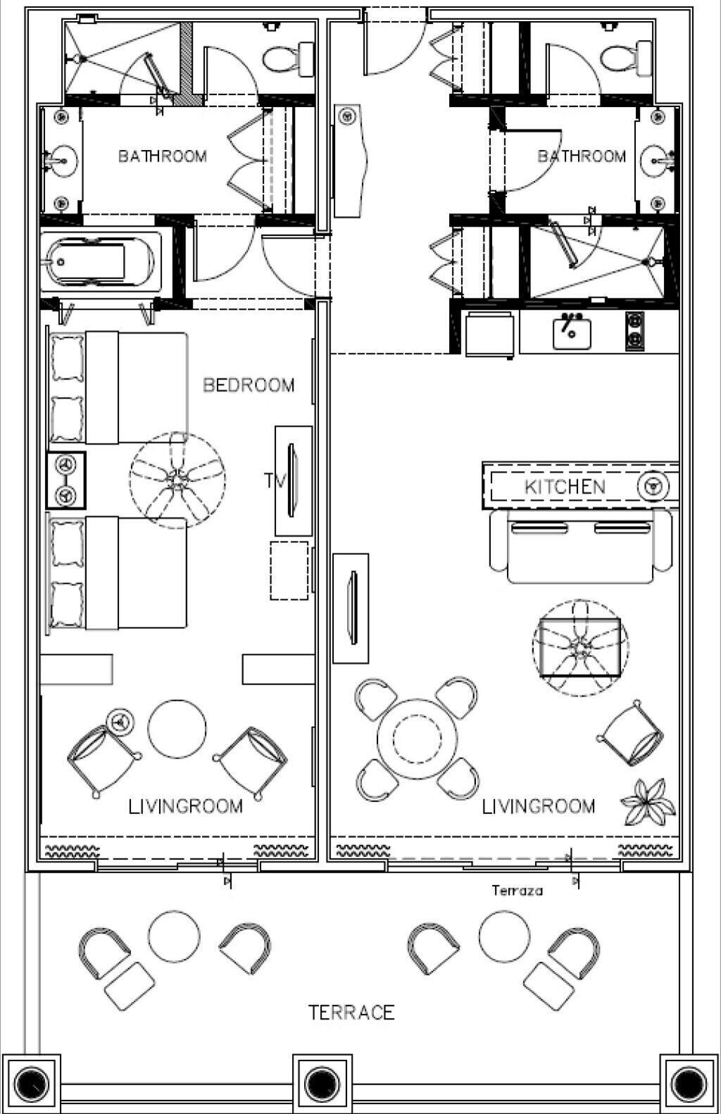 Plano de planta que muestra dos baños, un dormitorio, una cocina, dos salas de estar y una terraza.