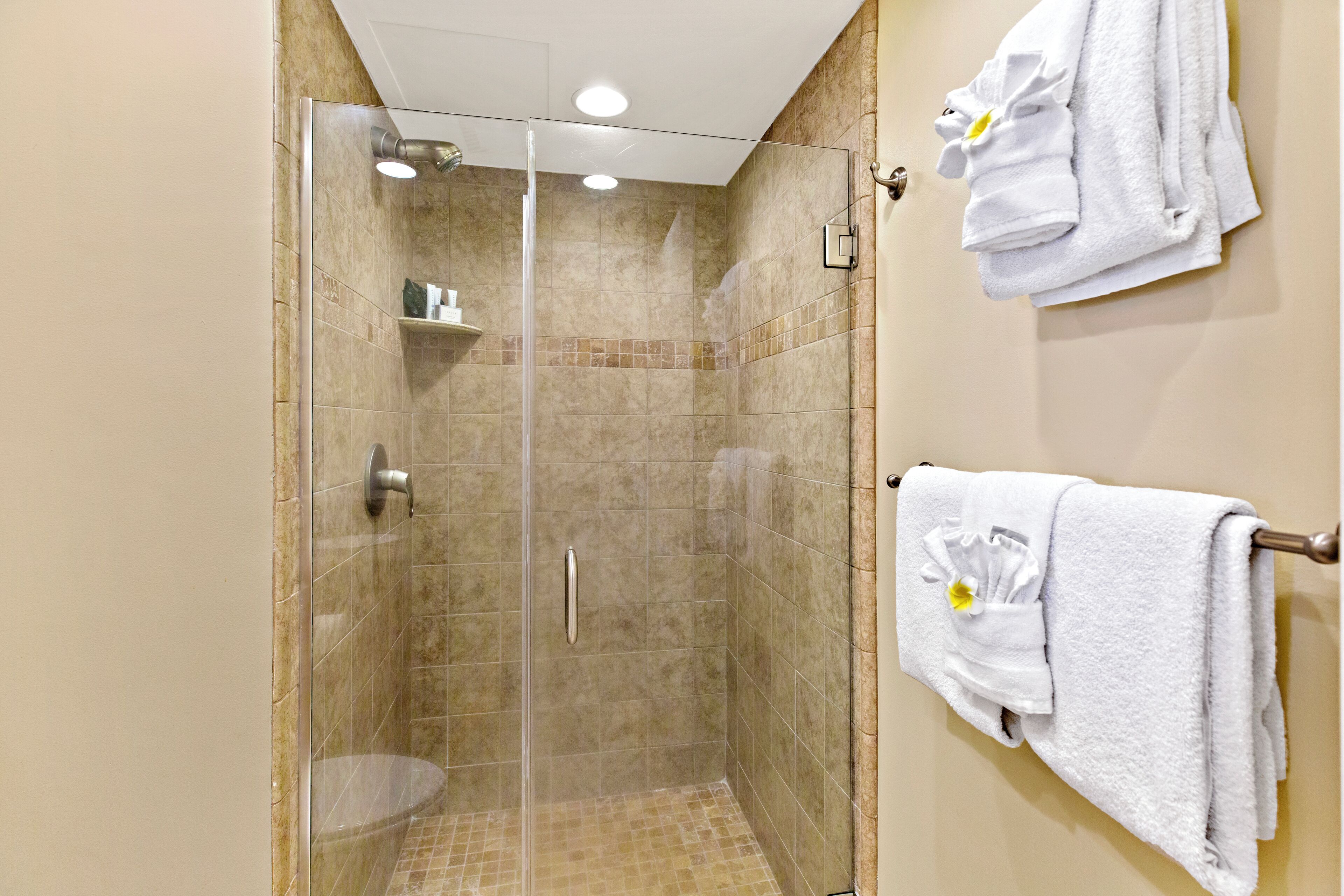 Une douche fermée par des parois de verre, des carreaux de couleur beige, un porte-serviettes avec des serviettes pliées et une petite étagère contenant des articles de toilette.
