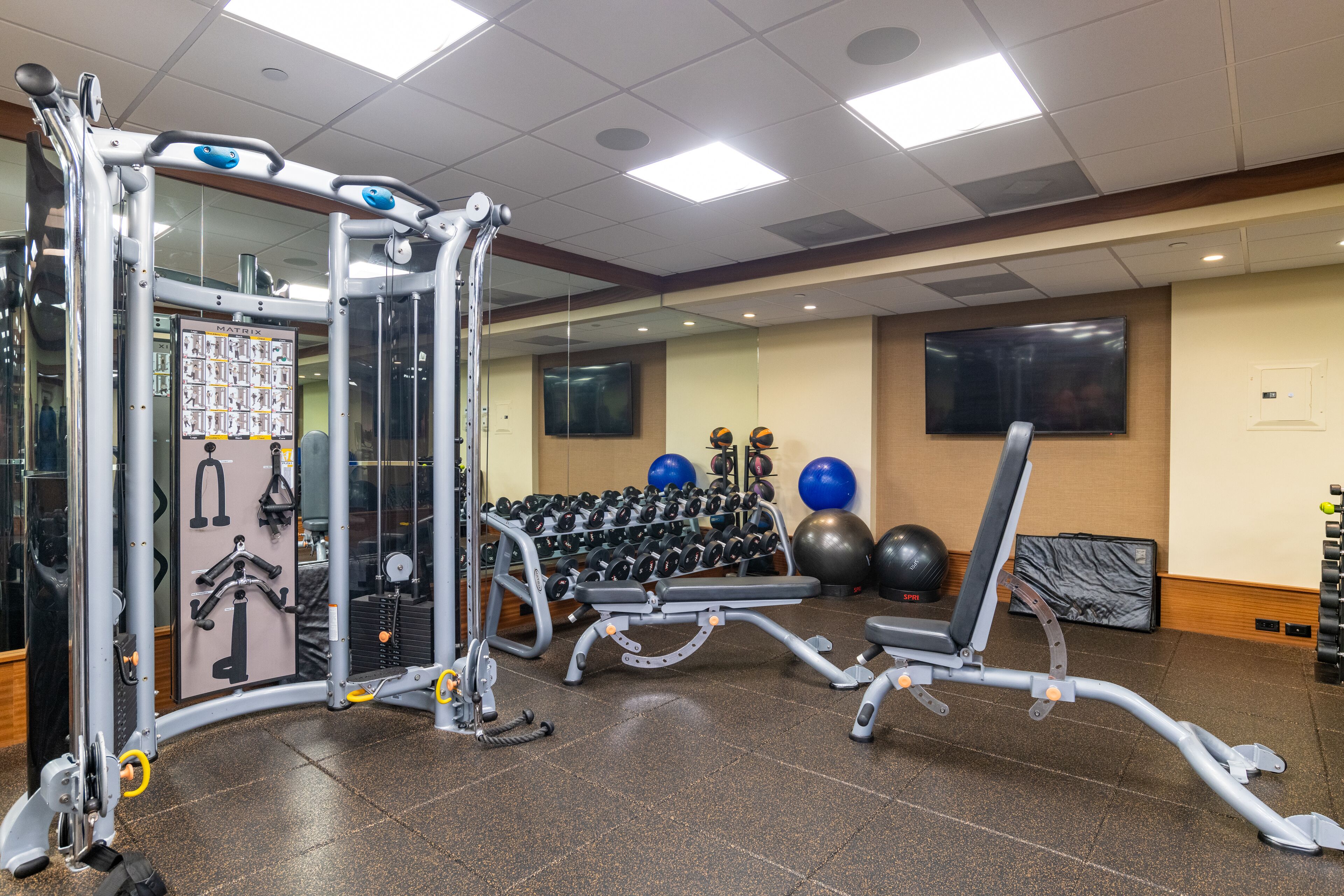 A gym with various exercise equipment, including a cable machine, dumbbells, and exercise balls.