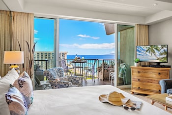 Studio, Ocean View | Living area | TV at The Whaler Resort Kaanapali Beach