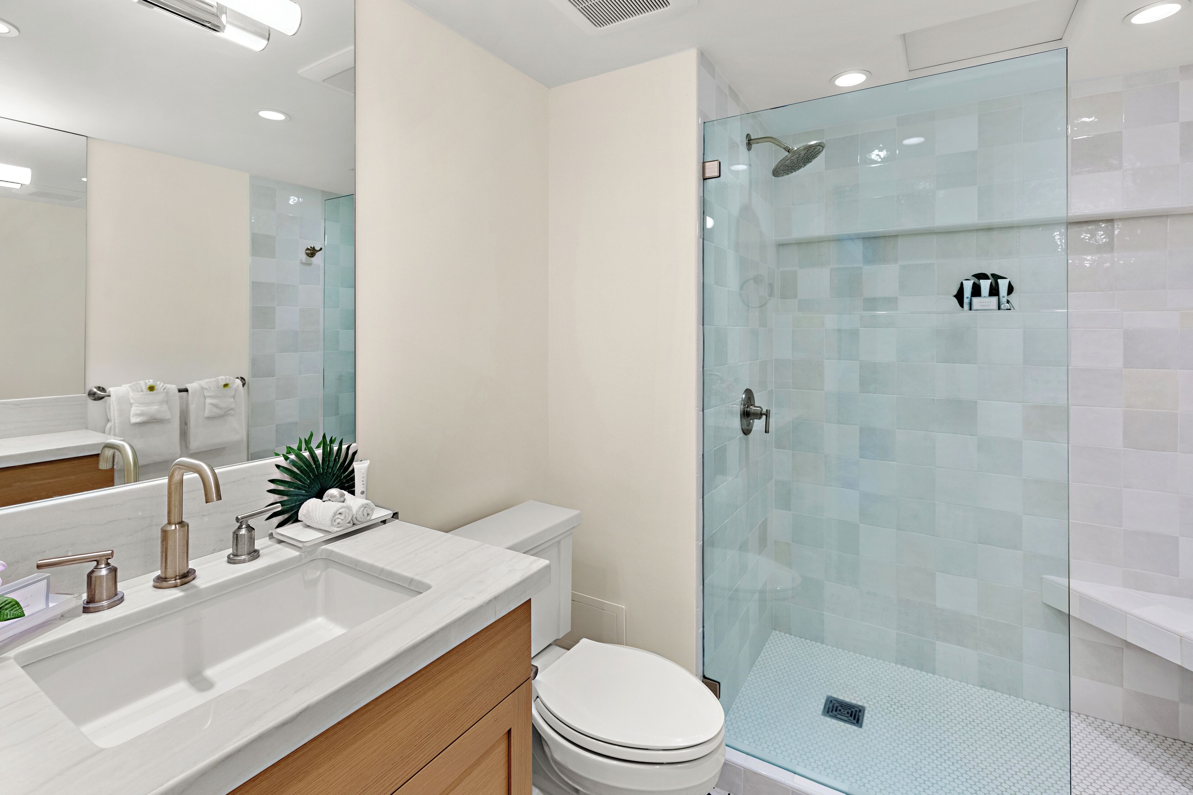 Un baño moderno con ducha de vidrio, lavamanos blanco con encimera de mármol y un inodoro.