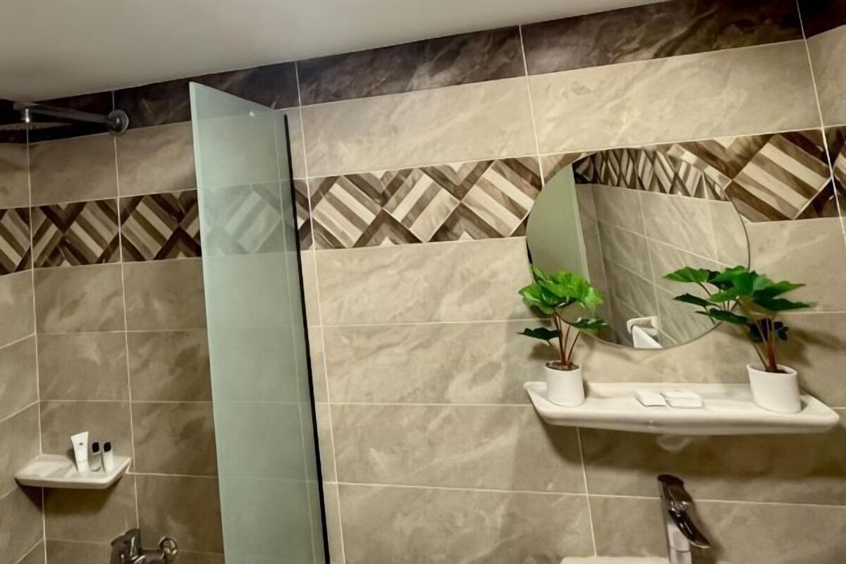 A bathroom with a shower, a mirror, and two potted plants on a shelf.
