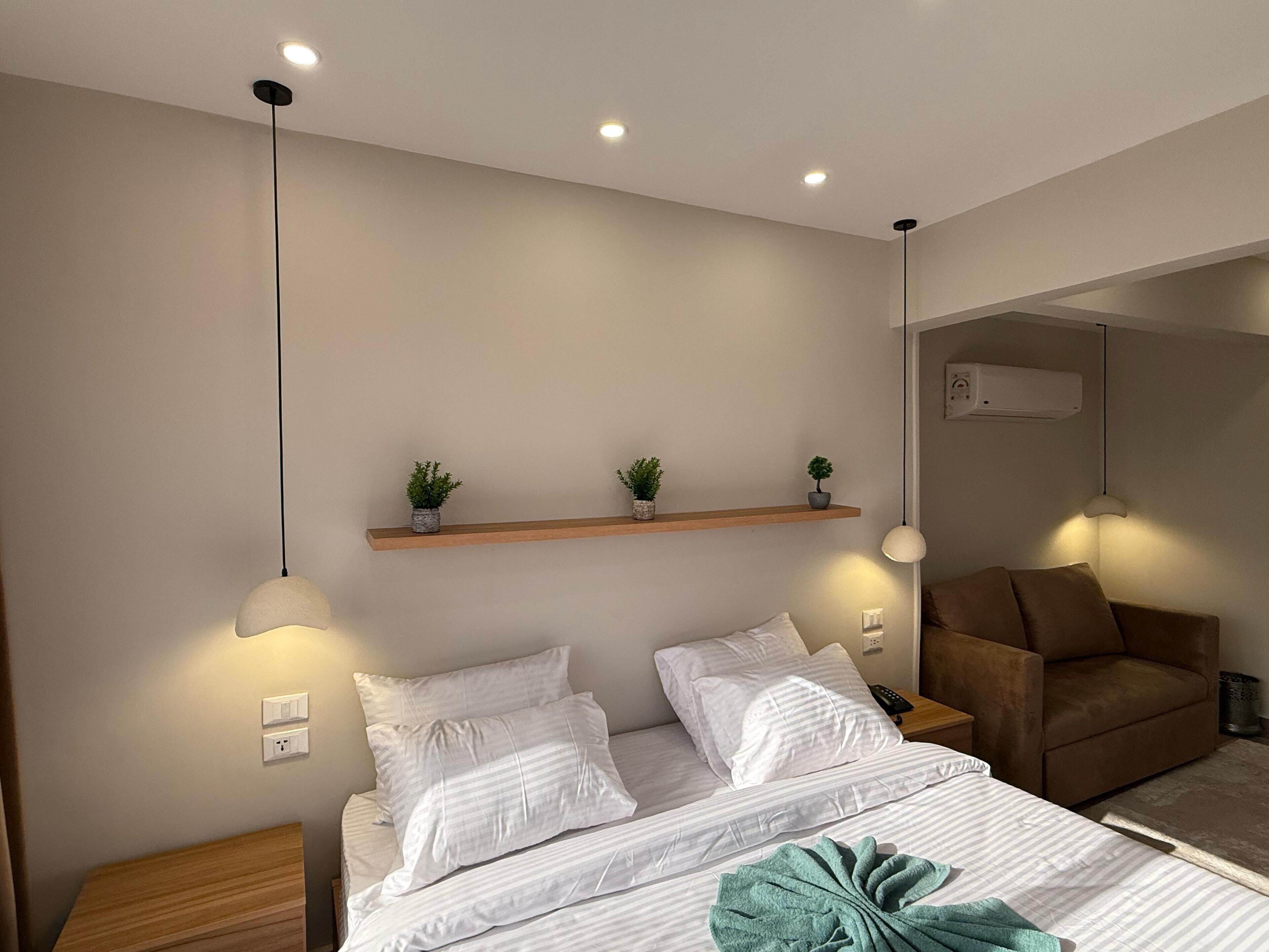 Un dormitorio moderno con una cama, mesitas de noche, un estante de madera con plantas, un sillón marrón y un espejo.