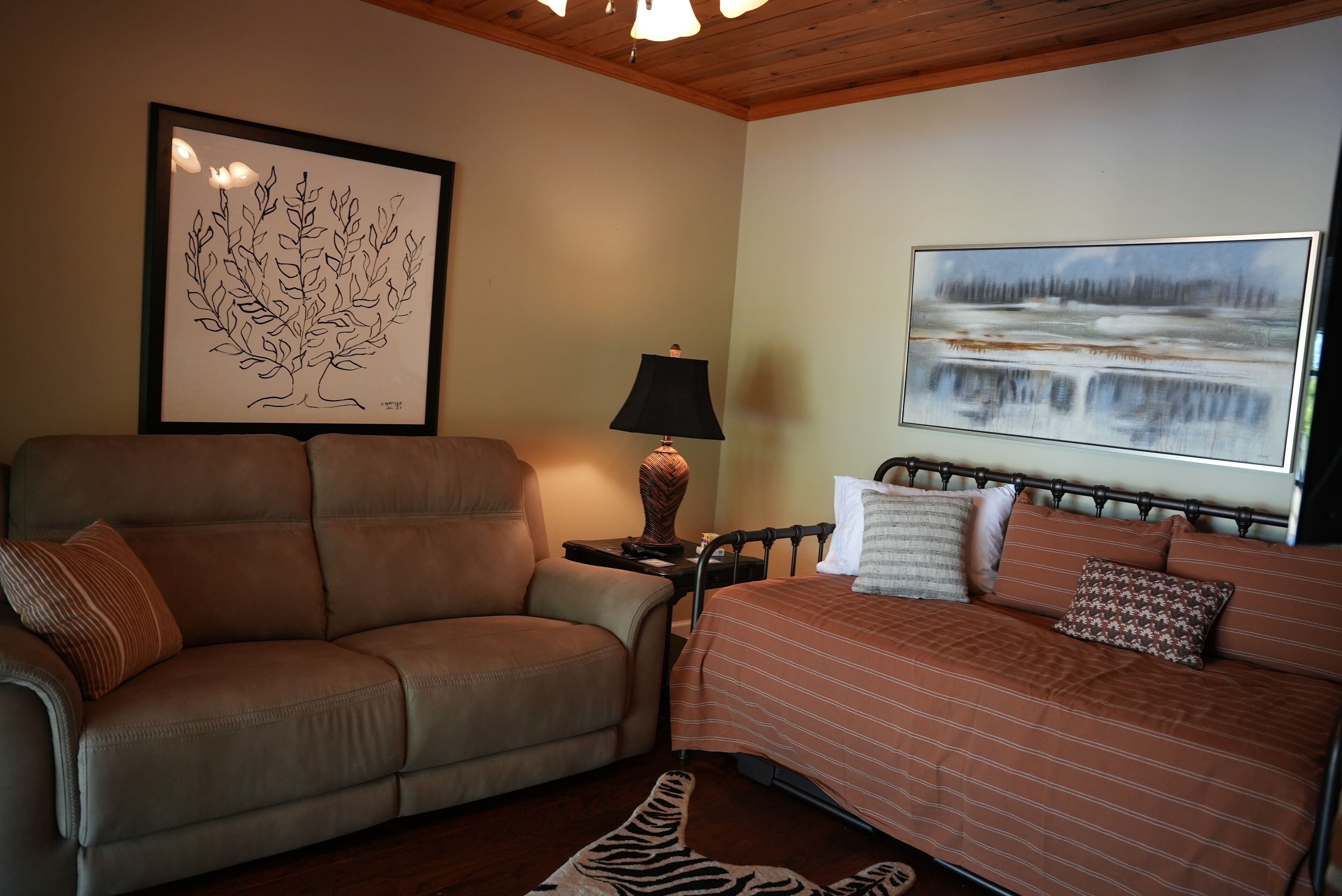 Smart TV, fireplace, books, stereo