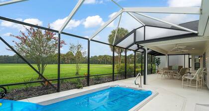 Pool, Golf course view home with a golf cart