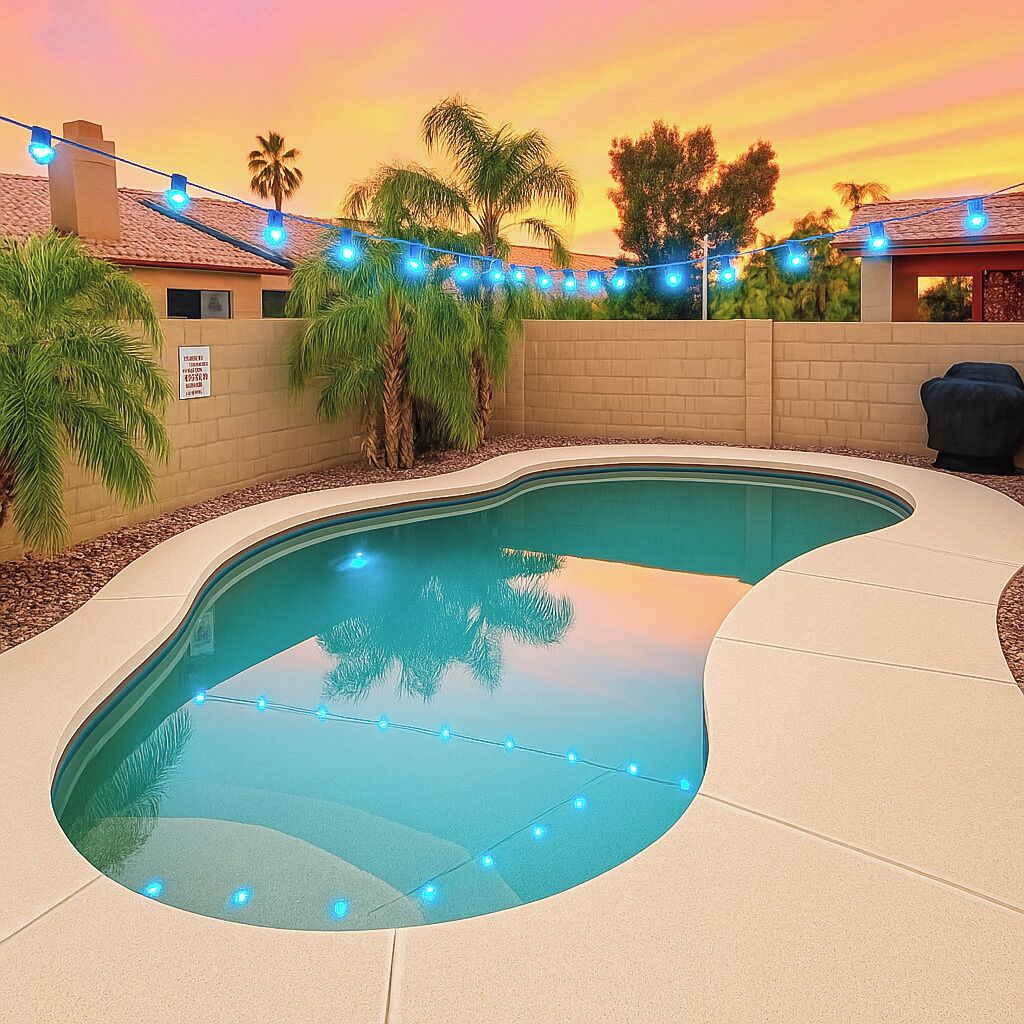 A swimming pool with a curved edge, surrounded by a beige wall and palm trees.