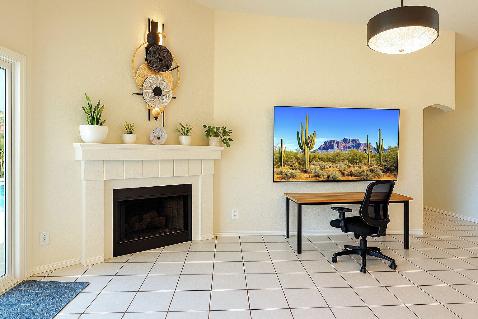 A living room with a fireplace, a mounted wall art of a desert landscape, a dining table with chairs, and a potted plant arrangement on the mantel.