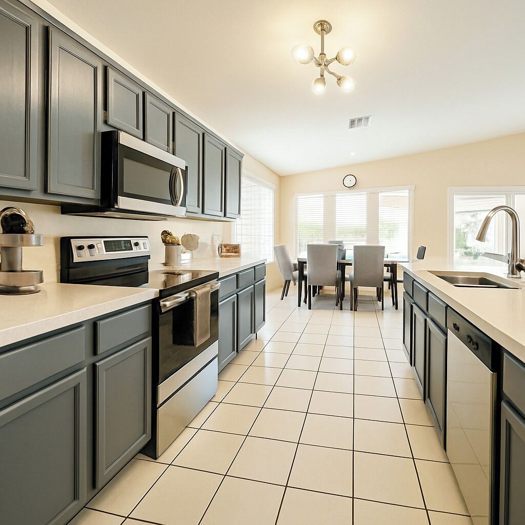 A modern kitchen with grey cabinets, a built-in oven, and a dining area with a table and chairs.