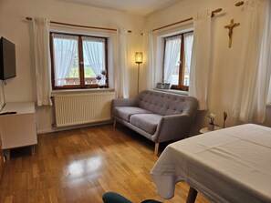 A room with a sofa, a bed, a radiator, and two windows with curtains.
