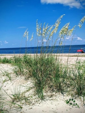 A beach with sand, grass, and a red umbrella.