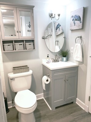 Shower, hair dryer, towels, toilet paper