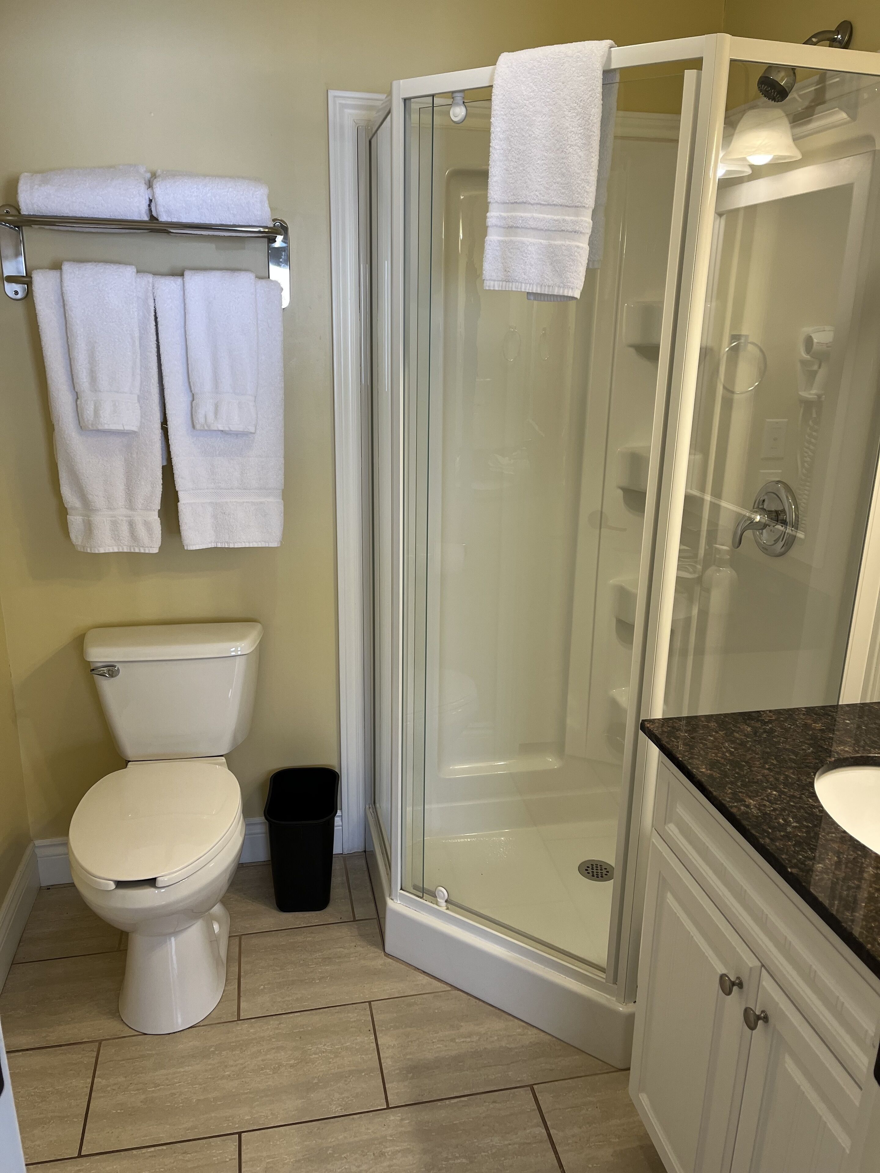 Haartrockner, Handtücher, Shampoo, Toilettenpapier