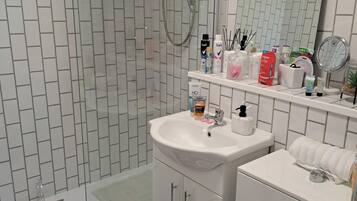 Shower, hair dryer, towels