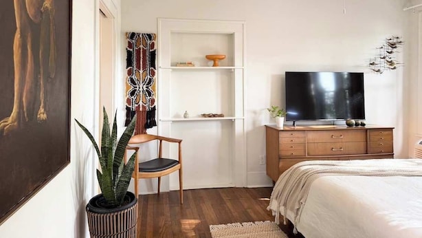 Un dormitorio con cama, televisión, escritorio con silla, planta y un cuadro en la pared.