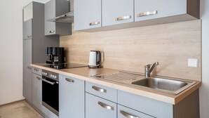 A modern kitchen with grey cabinets, a stainless steel sink, and a built-in oven. - Holiday Apartment 'Hohfelsenblick' with Terrace, Balcony and Wi-Fi (Seebach)
