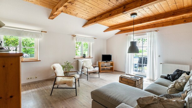 Een woonkamer met een houten plafond, een bank, een stoel, een televisie en een raam.