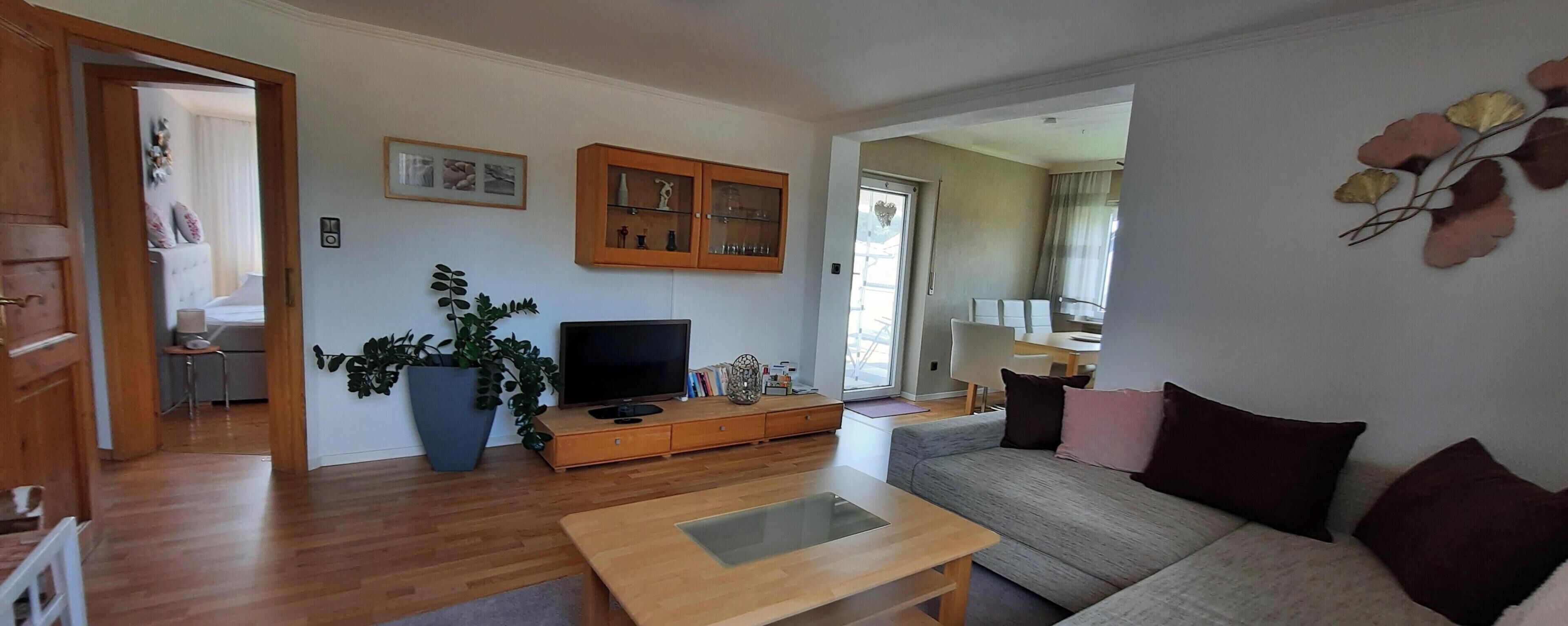 A living room with a sofa, a coffee table, a TV, a cabinet, and a large potted plant.