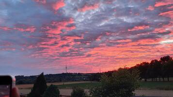 Un coucher de soleil avec un ciel aux teintes roses et violettes, un champ et des arbres au premier plan.