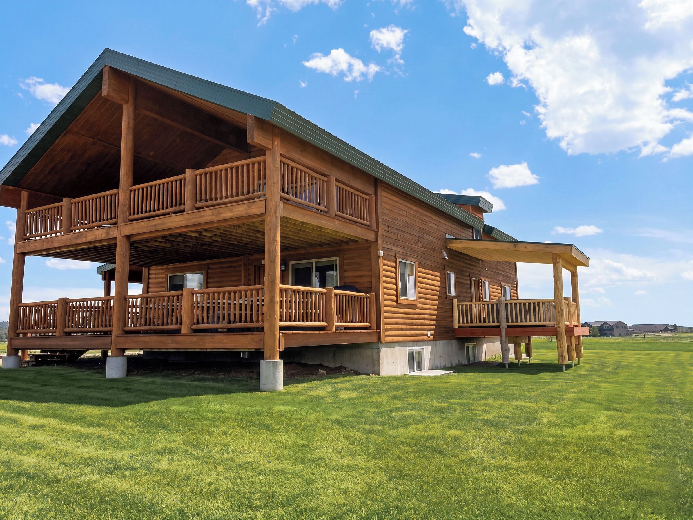 A large wooden cabin with multiple balconies and a covered porch.
