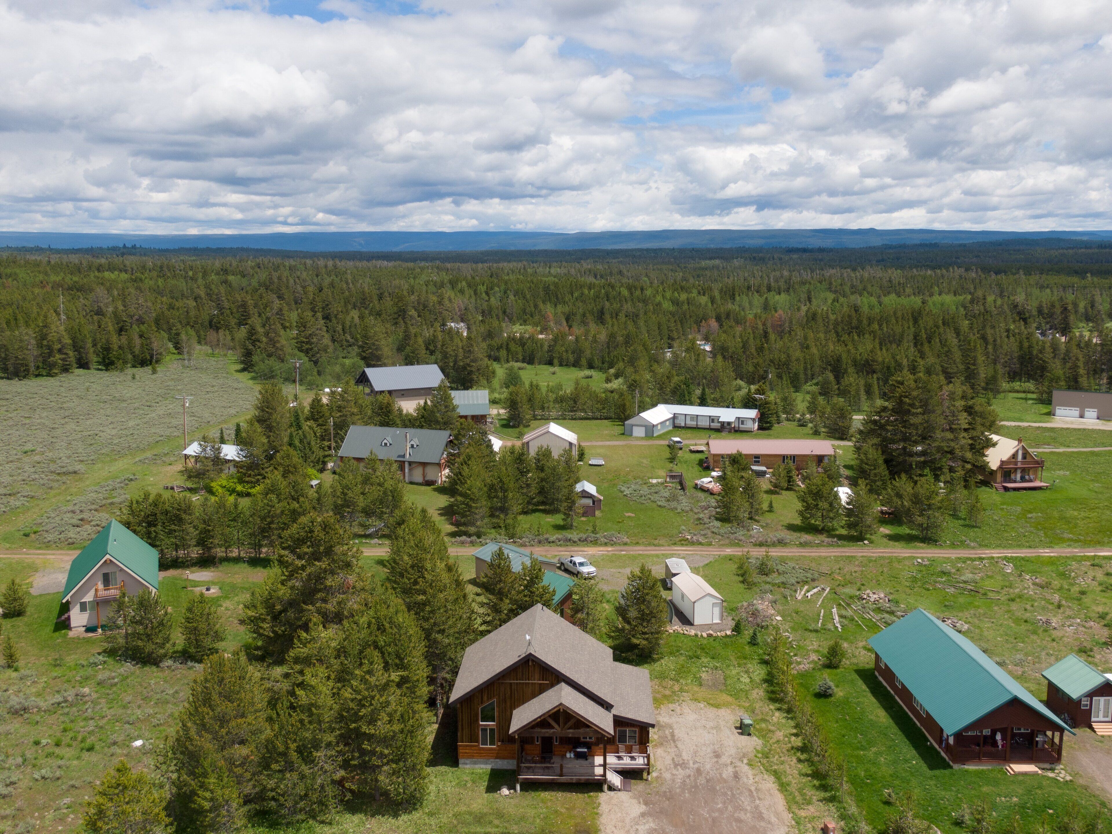 Un área rural con varias cabañas y casas rodeadas de densos bosques.