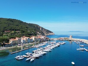 A marina with numerous boats docked, a coastal town with buildings, and a hill with greenery.