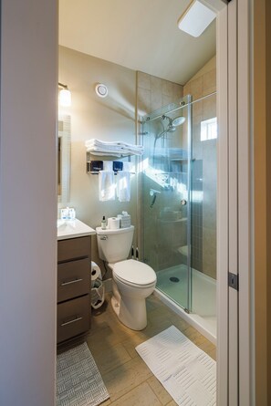 A modern bathroom with a glass-enclosed shower, a toilet, a sink, and a vanity with drawers. - Modern Home with Private Firepit (Coeur d'Alene)