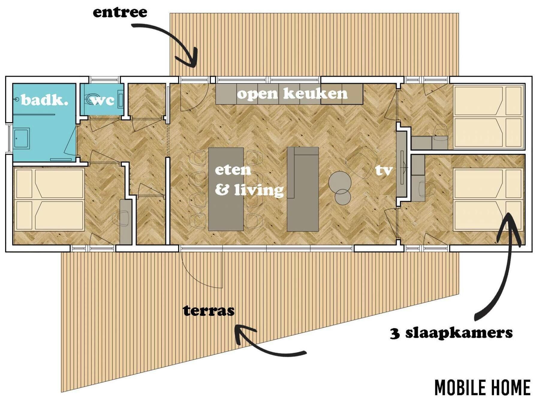 Distribución de una casa móvil con baño privado, cocina integrada, zona de estar y tres espacios para dormir.