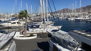 A marina with numerous sailboats docked, a palm tree, and a white van with a covered object on top. - Relaxing Private Villa a Short Walk From Seafront (Playa Blanca)