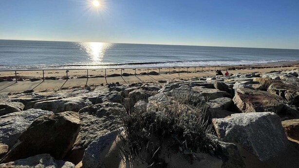 Une plage rocheuse offrant une vue dégagée sur l’océan, avec un soleil éclatant.
