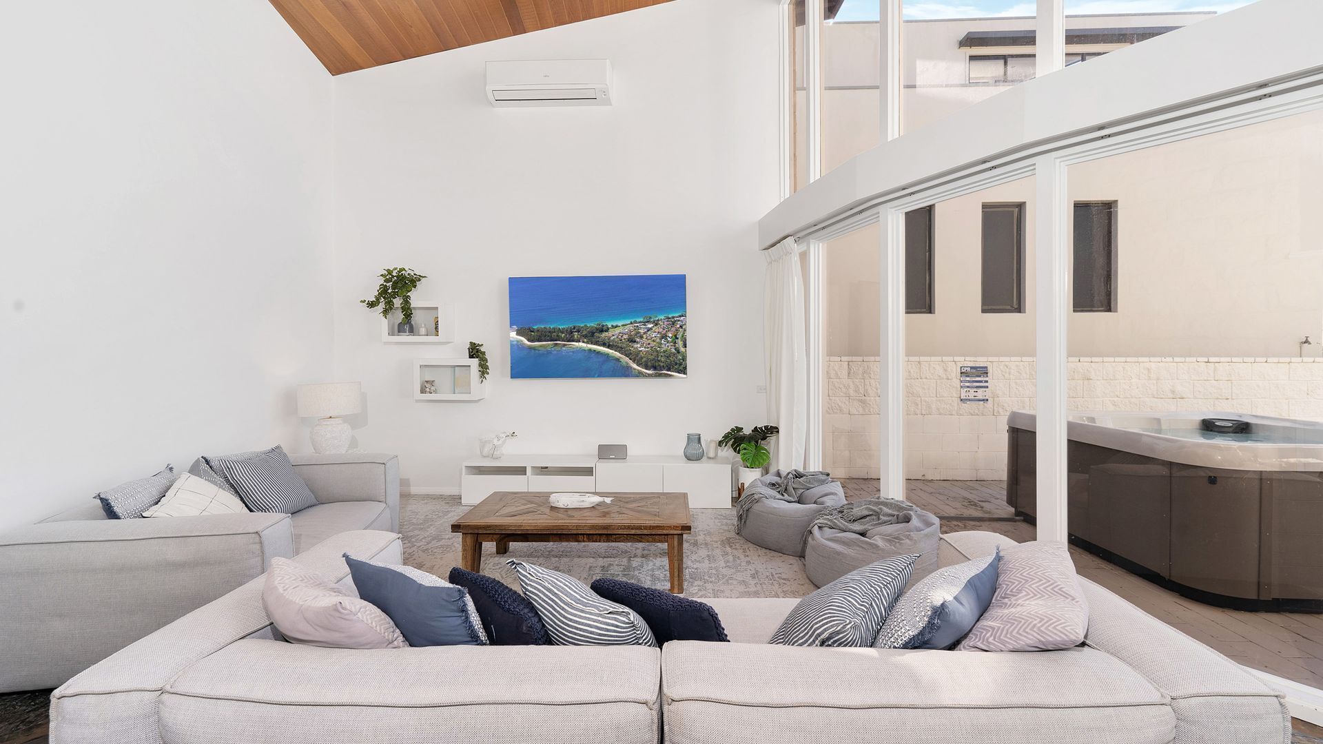 TV, fireplace, books