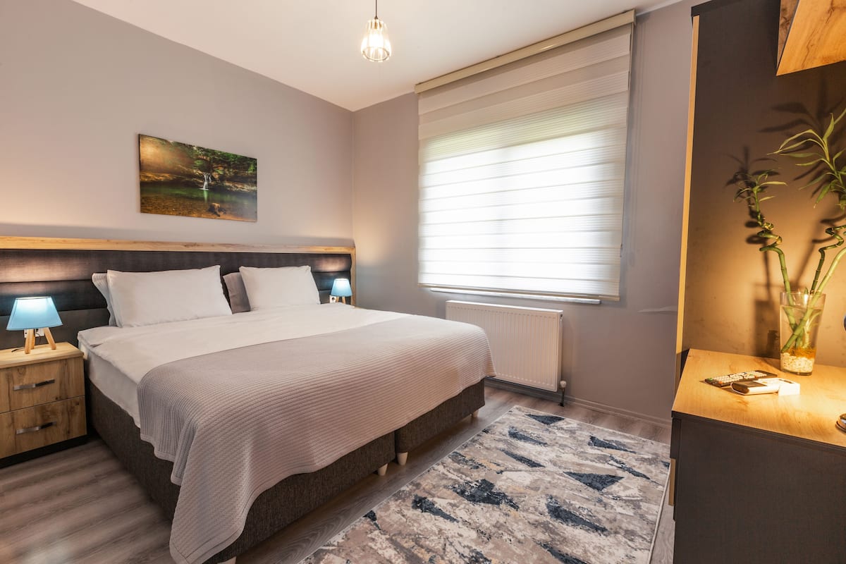 A bedroom with a bed, bedside tables, a nightstand, a window with blinds, a radiator, a wall-mounted shelf with a plant, and a painting on the wall.