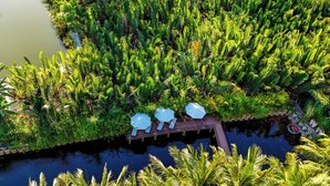 An aerial view of a lush, green area with a dock and three umbrellas.