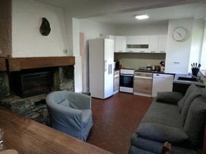 Un espai habitable compacte amb una llar de pedra, una cuineta equipada amb electrodomèstics moderns i un sofà gris.