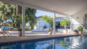 En indendørs swimmingpool med frit udsyn til den tilstødende patio, herunder potteplanter og udendørs møbler.