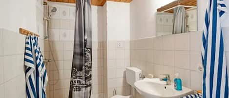 Hair dryer, towels, soap, toilet paper