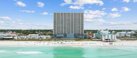 On the beach, sun-loungers, beach towels