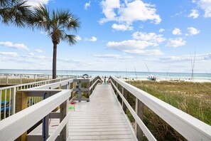 On the beach, sun-loungers, beach towels