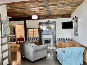 Smart TV, fireplace, books