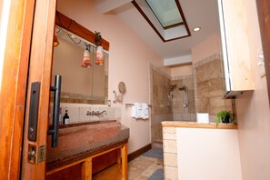 Jetted bath, hair dryer, towels, soap