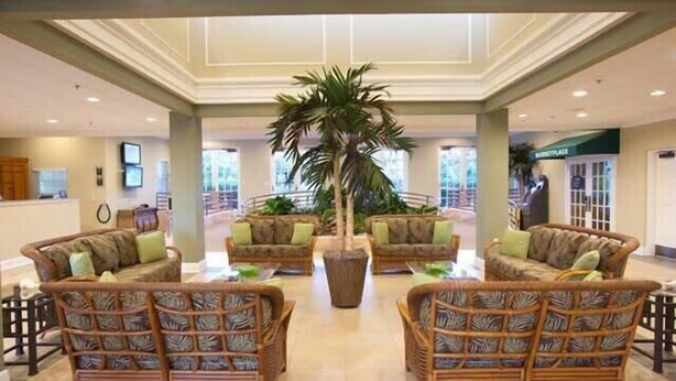 A lobby with wicker furniture, a central palm tree, and a Starbucks sign.