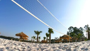 A beach volleyball net with palm trees and thatched umbrellas in the background.